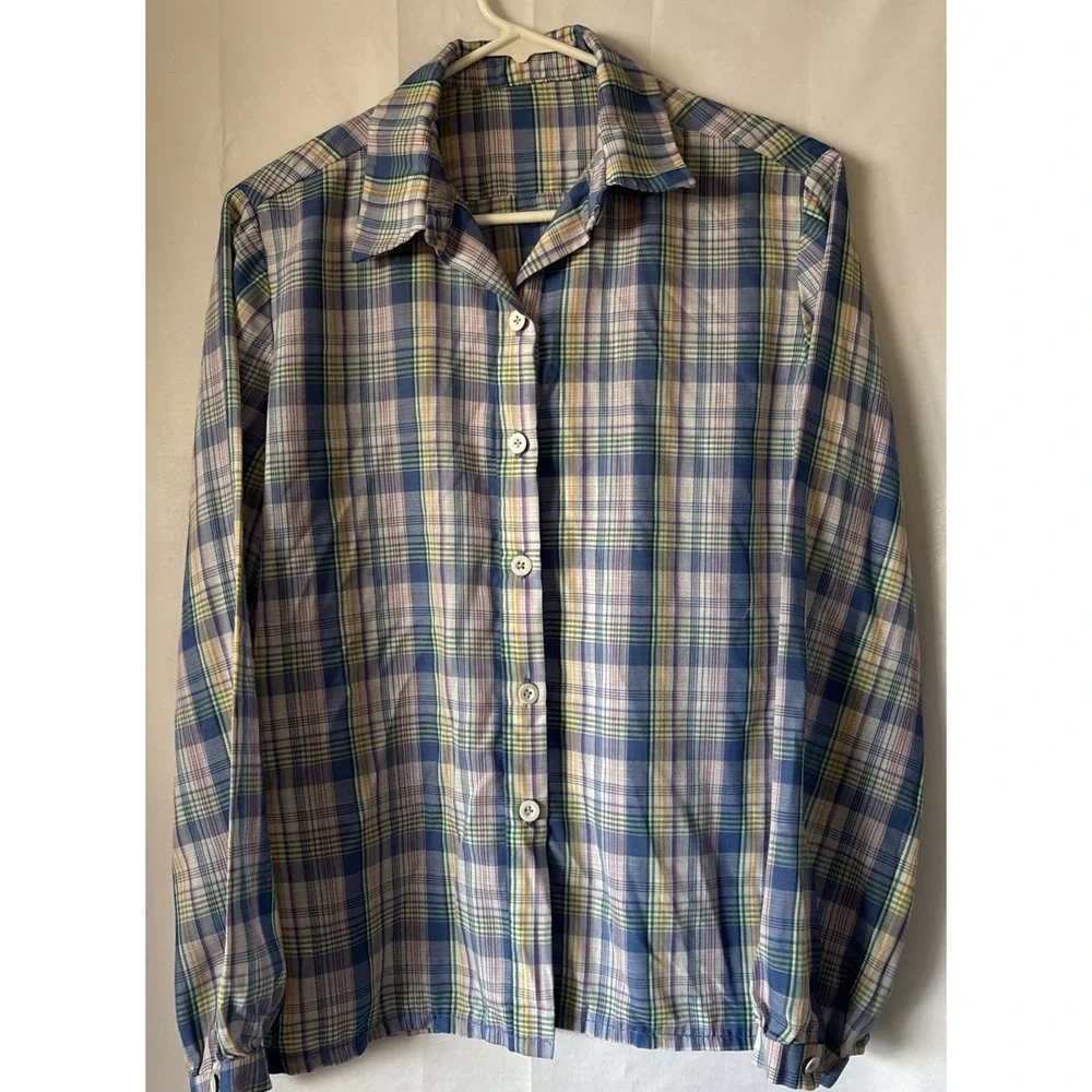 Blue and white plaid button-up shirt casual‎ Unbranded Vintage S/M